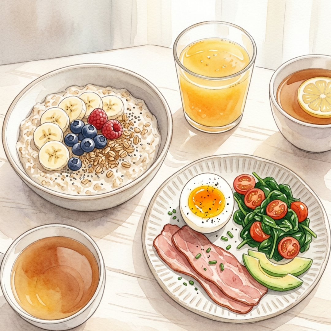 健康早餐搭配碳水蛋白質蔬菜的示意圖