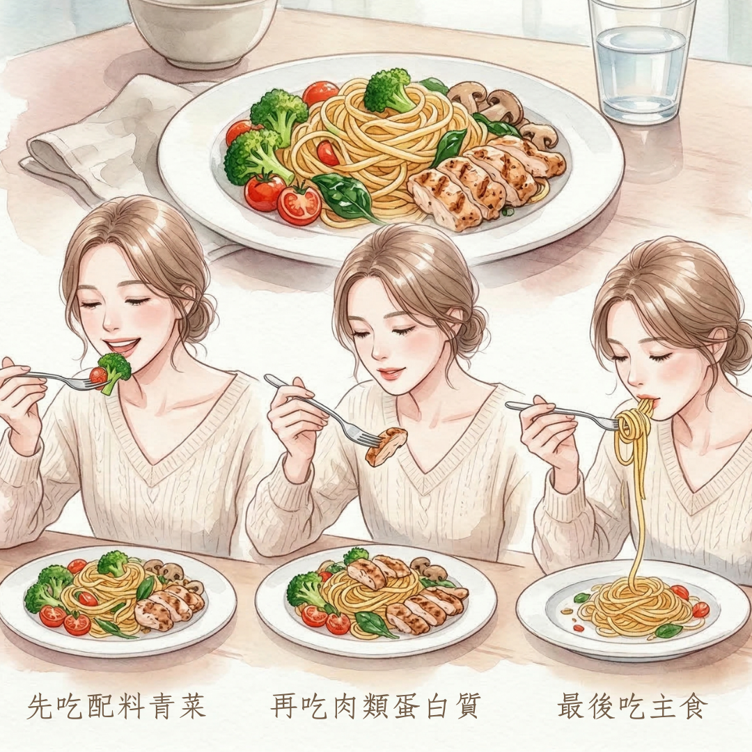 外食義大利麵點餐順序圖——先蔬菜、再蛋白質、最後主食的進食順序示意