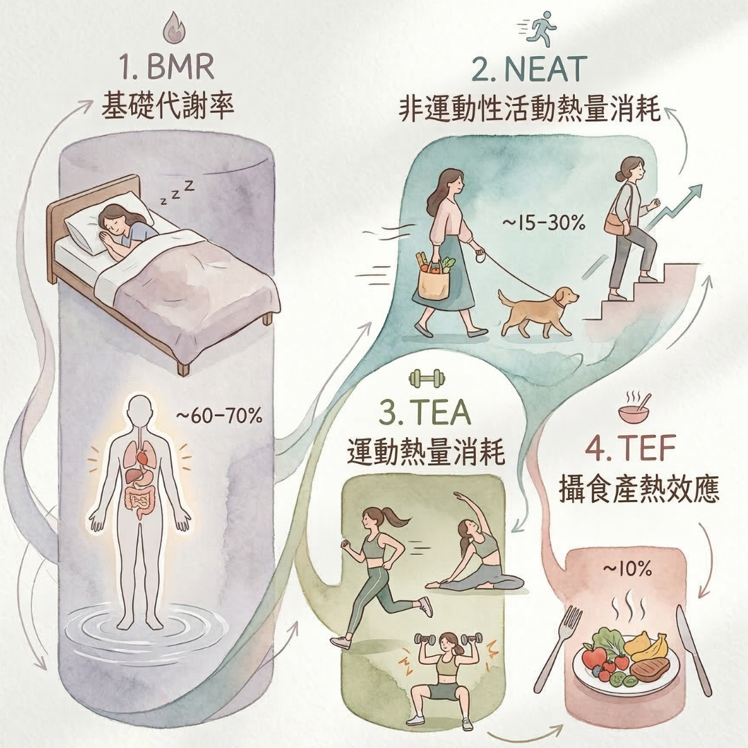 TDEE 四大組成元素 BMR NEAT TEA TEF 的動態比較圖