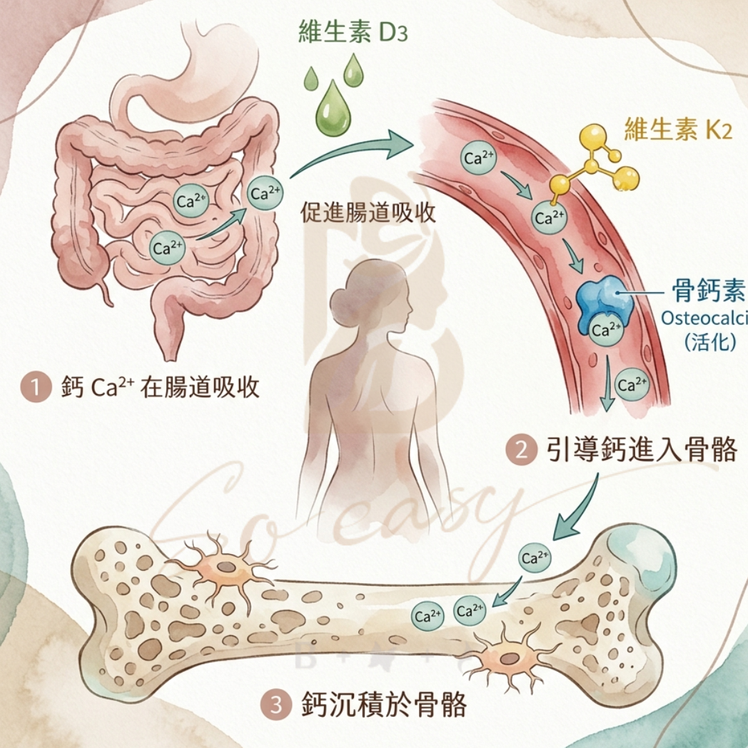 維生素D3 K2幫助鈣吸收到骨骼機制示意圖