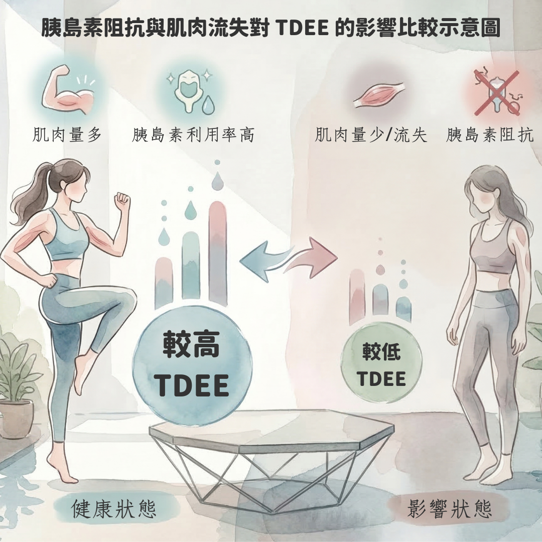 胰島素阻抗與肌肉流失對 TDEE 的影響比較示意圖