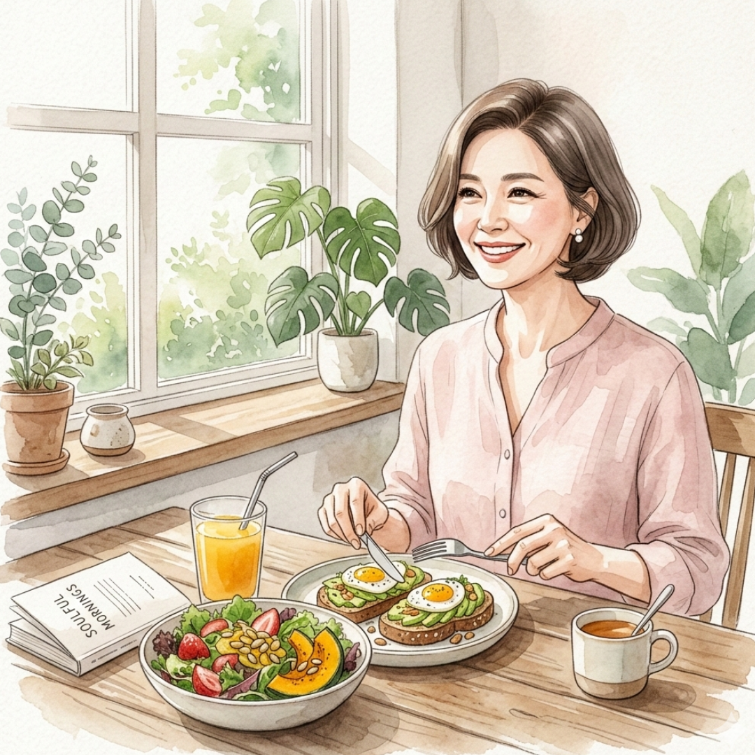 更年期女性自信微笑並享用健康餐點