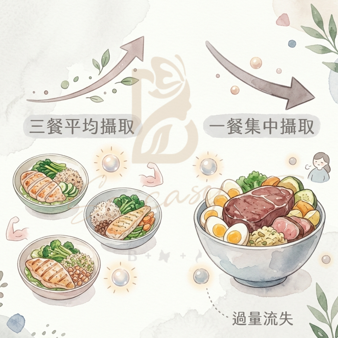 蛋白質三餐平均攝取 vs. 一餐集中攝取比較圖