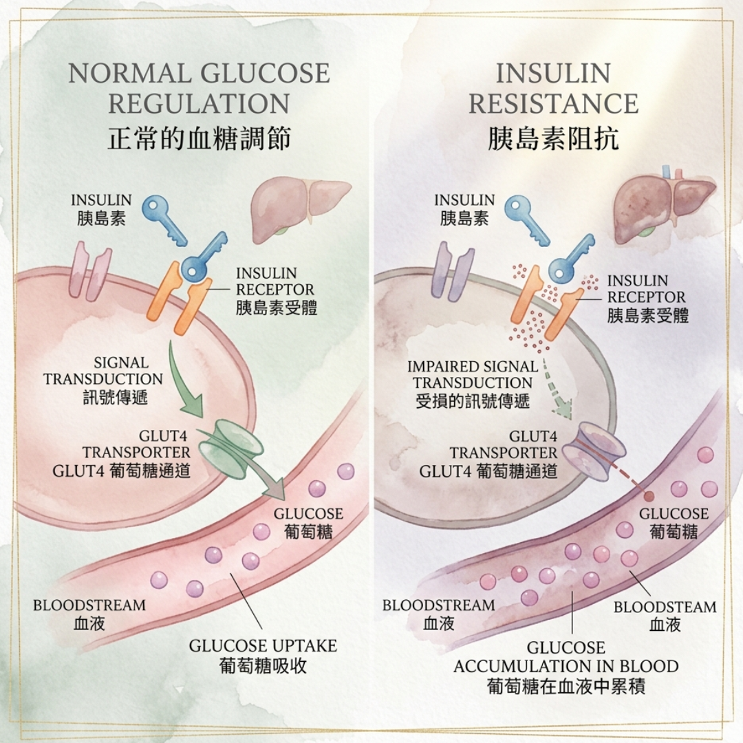 胰島素阻抗形成示意圖，比較正常血糖調節與胰島素阻抗狀態下的細胞訊號傳遞差異
