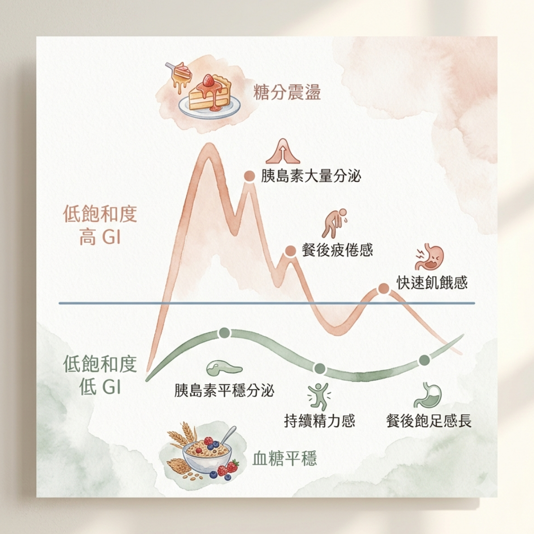 低GI飲食好處 血糖穩定對身體的影響示意圖