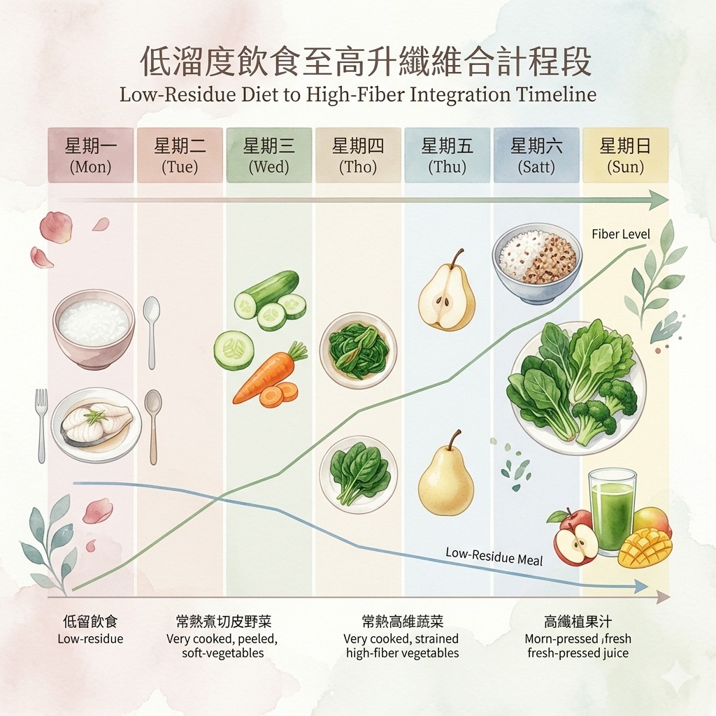 低渣飲食結束後 纖維漸進回補生活示意圖