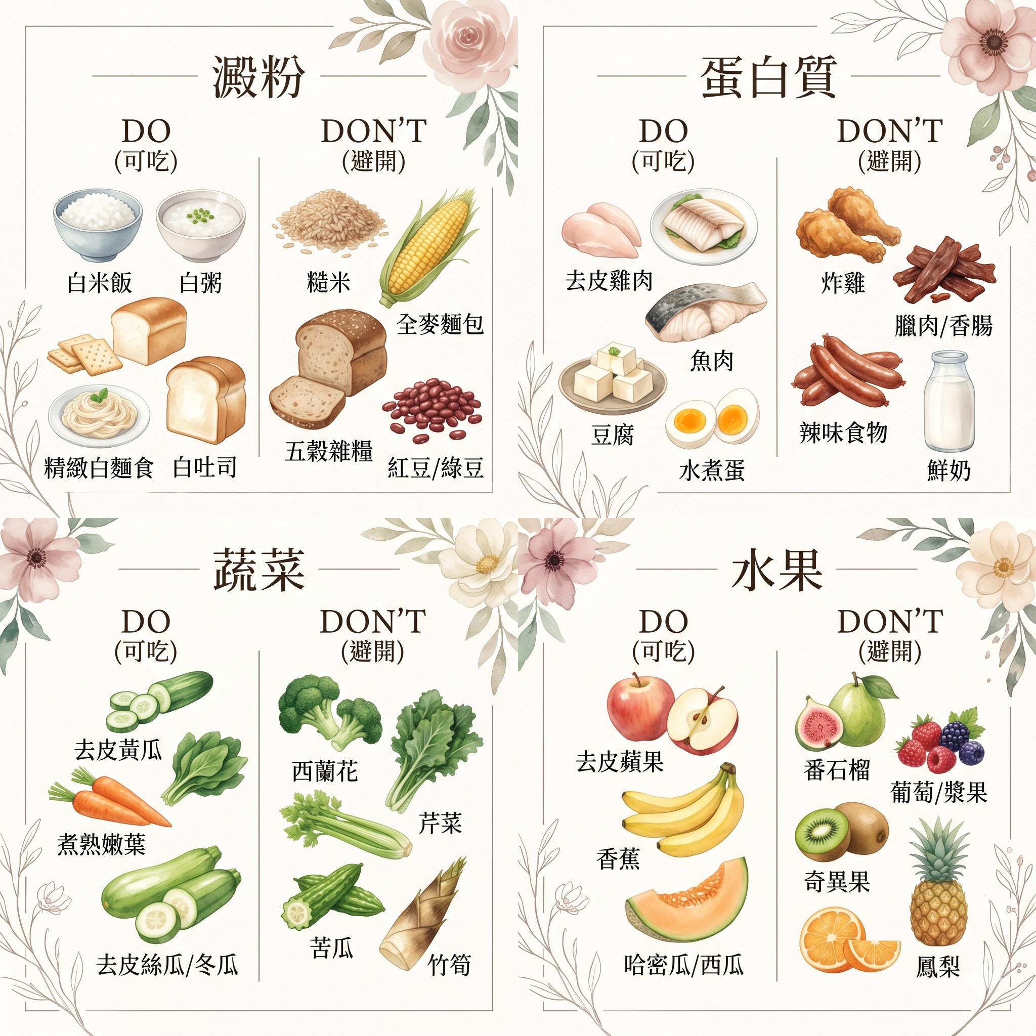 低渣飲食菜單 四大類食物對照圖